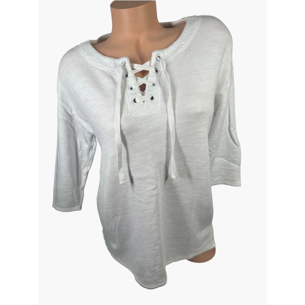 T by Talbots Medium Womens Top Tie Neck White 100% Cotton 3/4 Sleeve Comfort